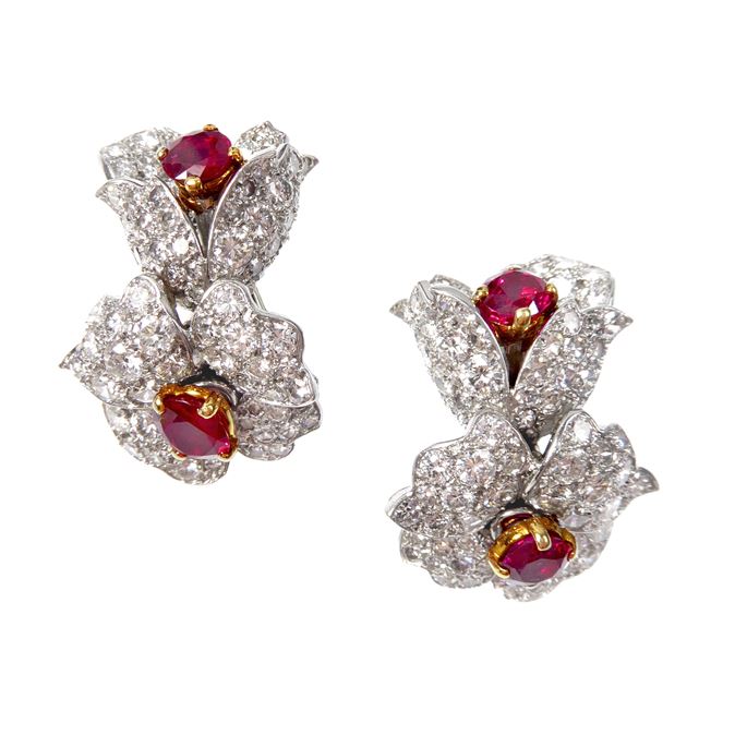   Cartier - Pair of diamond and ruby flower cluster earrings | MasterArt